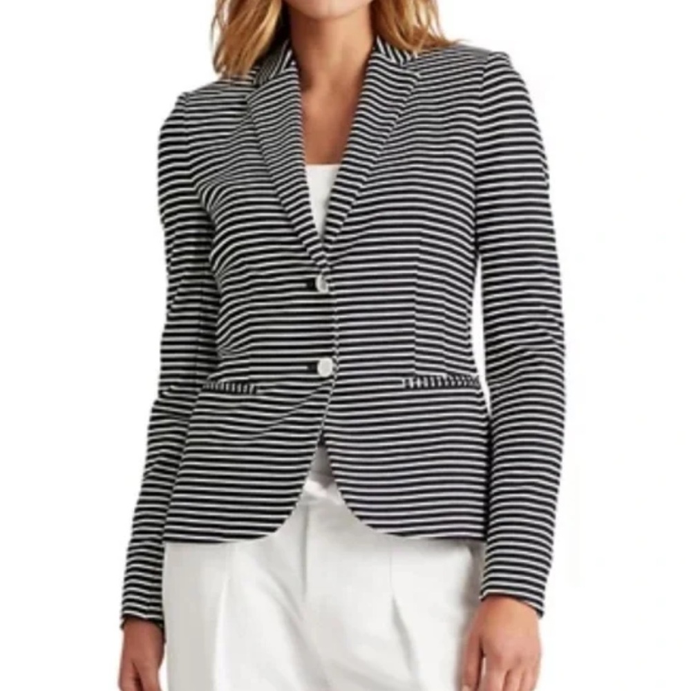 Lauren Ralph Lauren ponte navy blue white striped blazer size L office career